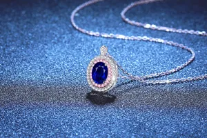 S925 Argent Sterling Ovale Saphir Moissanite Double Halo Pendentif Collier Mode Bijou
