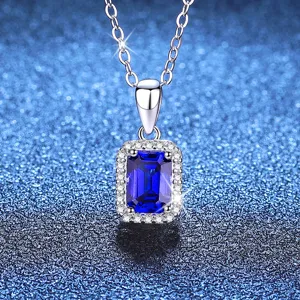 S925 sterling silver square blue sapphire halo pendant necklace for women, elegant jewelry.