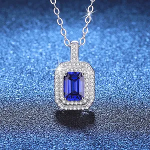 Collier pendentif pierre bleue carrée en argent sterling 925 et bijoux de luxe