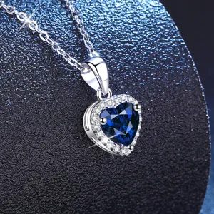 S925 sterling silver heart blue sapphire necklace for women, elegant diamond halo pendant jewelry.