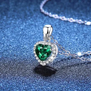 S925 Sterling Silver Heart Green Emerald Zircon Pendant Necklace for Women Elegant Jewelry