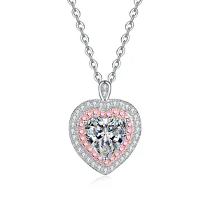 Collier Cœur Moissanite Argent Sterling S925 Double Halo Pendentif Pierre Rose Cadeau