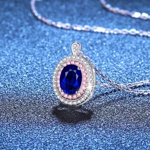 Collier Pendentif Double Halo en Argent Sterling 925 avec Saphir Bleu Mode Femme