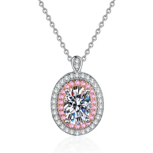 Collier en argent sterling S925 avec pendentif en moissanite ovale et halo rose blanc