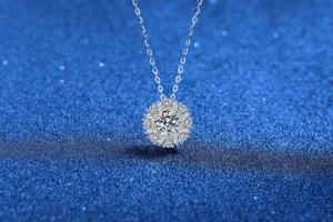 Exquisite detail shot of the sparkling moissanite sun flower sterling silver necklace.