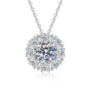 Sterling silver moissanite sunflower pendant necklace with brilliant cluster diamond design.
