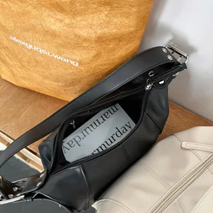 Black PU leather shoulder hobo bag, vintage motorcycle style underarm bag with zipper.