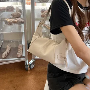 Off-white underarm baguette bag, stylish motorcycle shoulder bag with side zipper and strap.