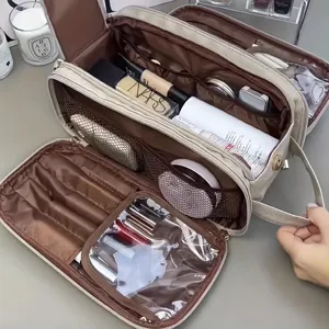 Detailed view of the large capacity travel makeup bag with multiple compartments and pockets.