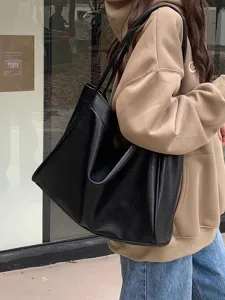 Black soft leather tote bag, slouchy shoulder bag for women, large capacity daily use.