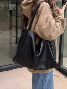 Womens soft PU leather slouchy tote bag, large capacity casual shoulder bag for daily use.