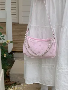 Pink bow quilted underarm bag with pearl chain, stylish casual shoulder bag for women.