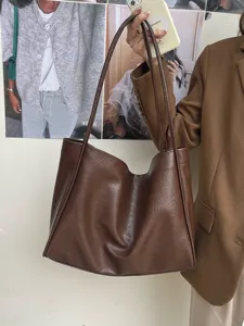 Women brown PU leather tote bag large capacity casual shoulder bag daily shopping handbag