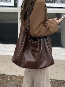 Large capacity slouchy PU leather shoulder tote bag for women stylish everyday commuting bag
