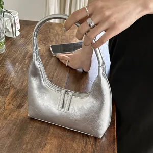 Borsa hobo mezzaluna metallica argento dettaglio, elegante borsa a spalla da donna casual