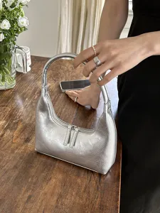 Borsa a spalla a mezzaluna metallica argentata da donna, elegante borsa hobo casual.