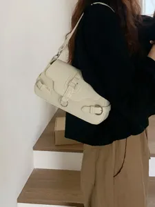 Women white motorcycle style shoulder bag PU leather retro buckle casual underarm handbag