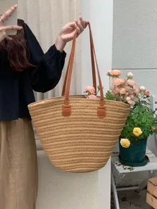 Damen Große Kapazität Stroh Gewebte Tragetasche Lässige Sommer Strand Urlaub Handtasche Retro Schultertasche