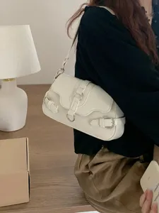 White motorcycle style women underarm shoulder bag casual chic handbag with chic buckle details.