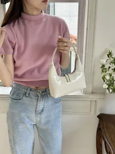 Elegante borsa a mezzaluna in pelle verniciata bianca da donna, borsa a spalla stile francese.