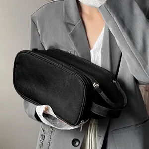 Large capacity black cosmetic bag portable travel makeup storage pouch with double zippers