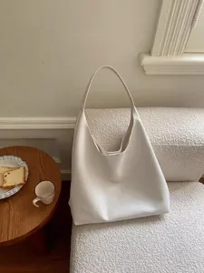 White minimalist hobo shoulder bag, large capacity casual tote bag detail view for daily wear.