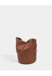 Brown soft leather bucket bag with handle and chic metal chain pendant, daily use.