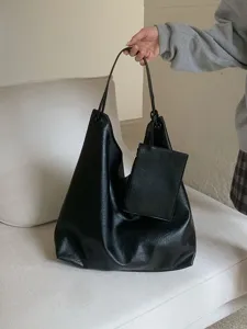 Black leather hobo shoulder bag with small pouch, casual large capacity minimalist tote for women.