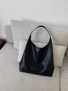 Casual black PU leather hobo shoulder bag, large capacity slouchy tote for daily commute.