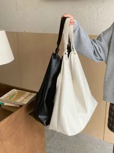Minimalist soft leather women shoulder tote bag large capacity casual black white handbag style