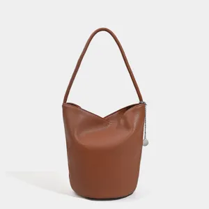 Brown leather bucket bag for women, retro hobo shoulder bag for daily casual commute.