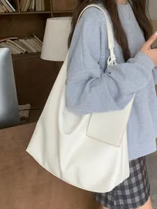 Women white slouchy tote bag casual large capacity shoulder bag soft leather underarm handbag.