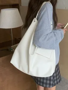 Women large capacity white shoulder bag casual niche minimalist underarm bucket bag