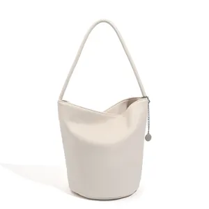 Stylish women soft leather bucket bag casual commuter shoulder handbag versatile tote bag