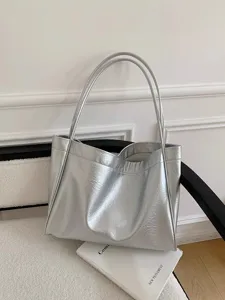 Large Capacity Soft PU Leather Tote Bag Women Casual Commuter Shoulder Bag Vintage Solid Color Shopping Handbag