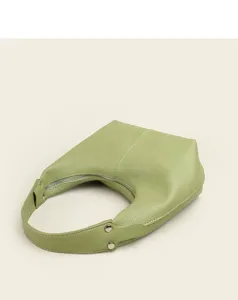Detail shot of a green faux leather hobo shoulder bag with textured surface and zipper closure.