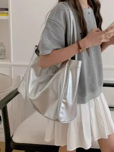 Silver metallic tote bag, casual slouchy shoulder bag for women, large capacity daily commuter handbag.