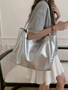 Detailed view of the Korean style large metallic silver tote bag for women daily commute.