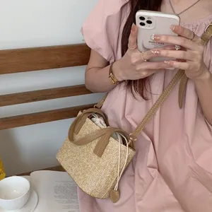 Summer straw woven bucket bag fashion casual shoulder crossbody handbag for women beach resort