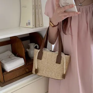 Summer woven straw bucket bag with leather handles casual beach handbag for women holiday