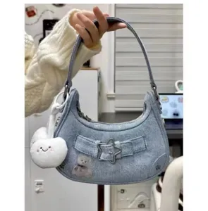 Trendige Damen Jeans Umhängetasche, coole Hobo Bag mit Stern Schnalle und Kirsch Anhänger.