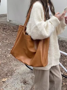 Vintage large capacity tote bag for women soft PU leather shoulder bag casual style