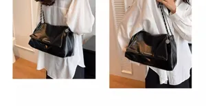 Large capacity slouchy underarm bag for women, chic black PU leather shoulder bag with metal chain.