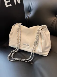 Chic cream white PU leather shoulder bag with chain strap, stylish pleated hobo tote for women.