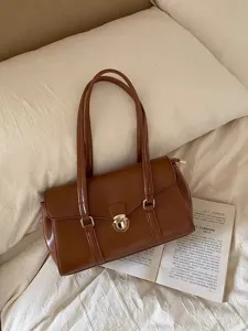 Retro PU Leather Tote Bag For Women Fashion Casual Commuter Handbag Elegant Lock Closure Shoulder Bag Top Handle Bag