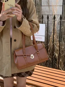Retro women leather underarm briefcase tote bag, simple fashion commuter shoulder handbag.