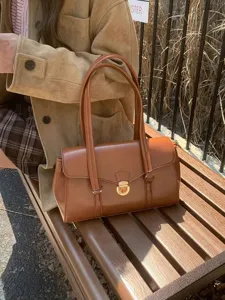 Vintage brown leather shoulder bag women's minimalist casual commute tote bag fashion handbag