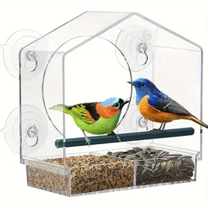 Transparante acryl raam vogelvoederbak met zuignappen en dubbel zaadvak voor kleine vogels.