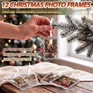 Dettaglio cornice foto acrilico trasparente Natale, bordo ondulato, 12 pz con nastri bianchi fai da te.