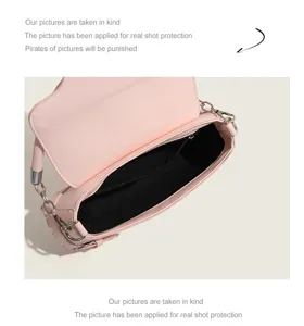 Pink PU leather underarm bag retro baguette shoulder bag with metal chain and lock closure